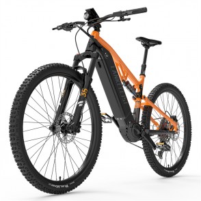 Bicicleta Asistata Electric LANKELEISI GT800, Motor 500W Mid Drive, Autonomie 150 KM, Viteza maxima 40 KM/H, Acumulator 48V 20AH SAMSUNG li-ion Detasabil, Roti 29 inch, Full Suspension, Portocaliu/Negru