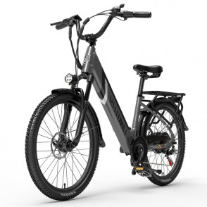 Bicicleta Electrica LANKELEISI ES500 PRO, Motor 500W, Autonomie 130 KM, Viteza maxima 35 KM/H, Acumulator 48V 14.5AH li-ion Detasabil, Roti 24 inch, Step-Through, Ideala pentru Glovo/Tazz/Bolt, Gri/Rosu