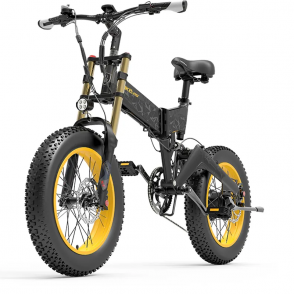 Bicicleta Electrica LANKELEISI X3000 PLUS-UP, Motor 1000W, Autonomie 120 KM, Viteza maxima 45 KM/H, Acumulator 48V 17.5AH li-ion Detasabil, Pliabila, Roti FAT 20*4.0 inch, Full Suspension, Ideala pentru Glovo/Tazz/Bolt, Galben/Albastru/Gri