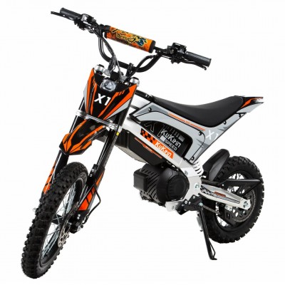 Pitbike Electric KUKIRIN X1, Motor 2000 W, Autonomie 50 km, Viteza maxima 50 km/h, Acumulator 48 V 20.8 Ah Li-ion Detasabil, Roti 14 inch, Full Suspension, Motocross Electric, Gri-Portocaliu