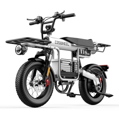 Bicicleta Electrica COSWHEEL T16, Motor 1000W, Autonomie 150 km, Viteza maxima 45 km/h, Acumulator 20AH li-ion Detasabil, Roti FAT 16*4.0 inch, Ideala pentru Glovo/Tazz/Bolt, Alb
