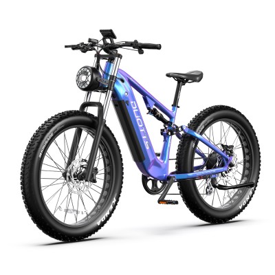 Bicicleta Electrica DUOTTS E26, Motor BAFANG 750W, Autonomie 120 KM, Viteza Maxima 55 KM/H, Acumulator 48V 20AH SAMSUNG li-ion Detasabil, Roti FAT 26*4.0 inch, Bluetooth APP, Ideala pentru Glovo/Tazz/Bolt,  Albastru-Violet/Verde-Violet