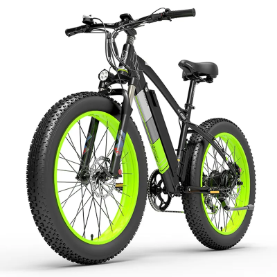 Bicicleta Electrica LANKELEISI XC4000, Motor 1000W, Autonomie 120 KM, Viteza maxima 40 KM/H, Acumulator 48V 17.5AH li-ion Detasabil, Roti FAT 26*4.0 inch, Ideala pentru Glovo/Tazz/Bolt, Verde/Galben